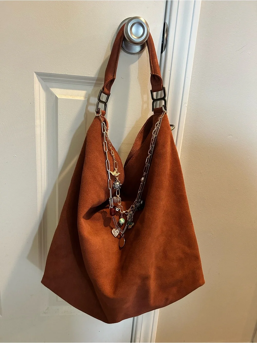 Free People Suzie Suede Slouchy Tote Bag in Between Brown with Wallet/Charm